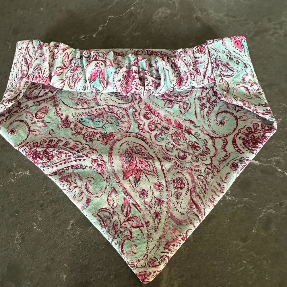Handcrafted dog bandanna in medium Measures 16 to 20 inches around.